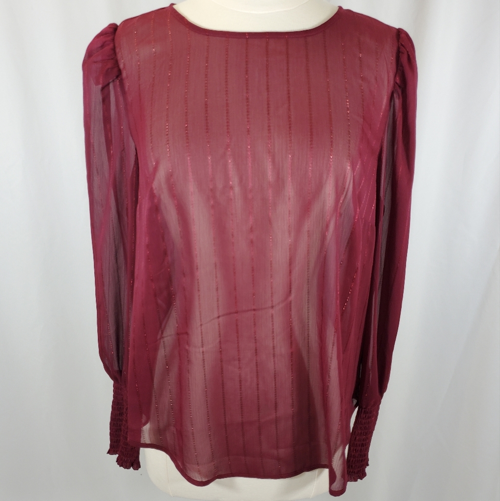 A New Day Women's Sheer Blouse Size M Long Sleeve Burgundy Puff Sleeve Light